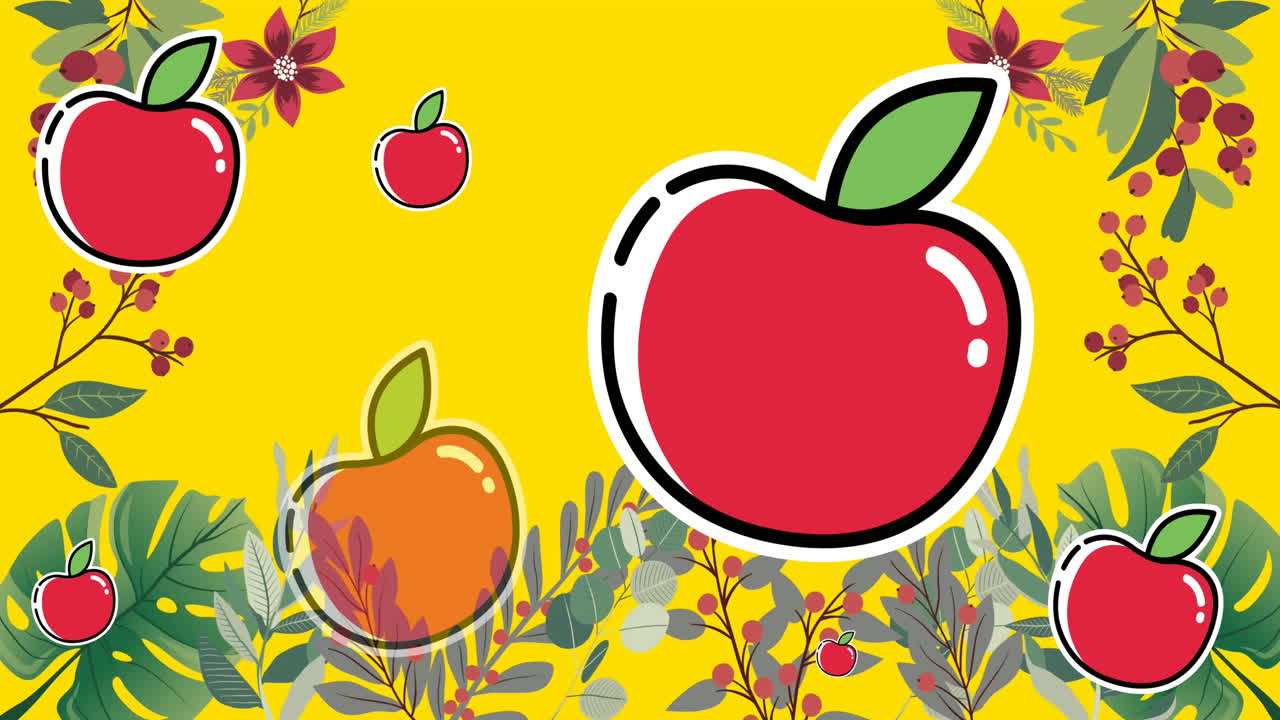 Animation of smiling red apples with berries and leaves on yellow ...