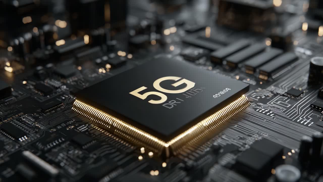 Una vista ravvicinata di un chip 5G su un circuito stampato, che mette in evidenza la tecnologia avanzata e le funzionalità di connettività nell'elettronica moderna.