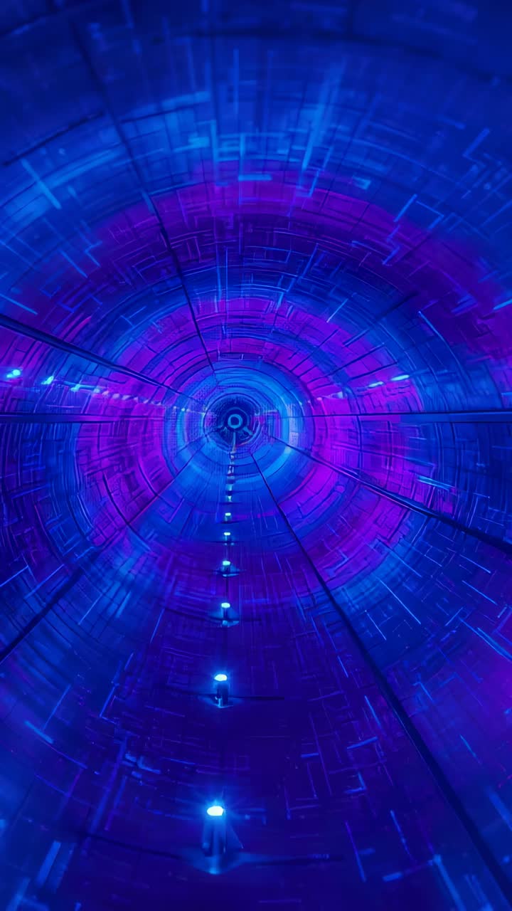 Vertical video: Shifting view causing tunnel rotating rings and magenta-blue LEDs moving at exhibit