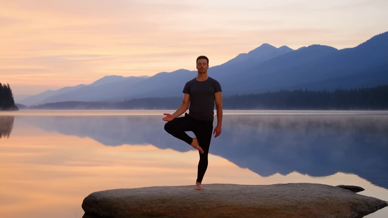 Uomo che Pratica la Posa Yoga dell'Albero su una Roccia in Riva a un Lago all'Alba