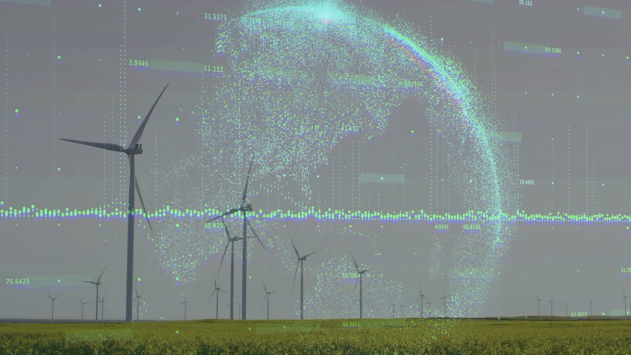 Overlay activating, wind turbines and dotted globe expanding and shifting, visualizing wind energy