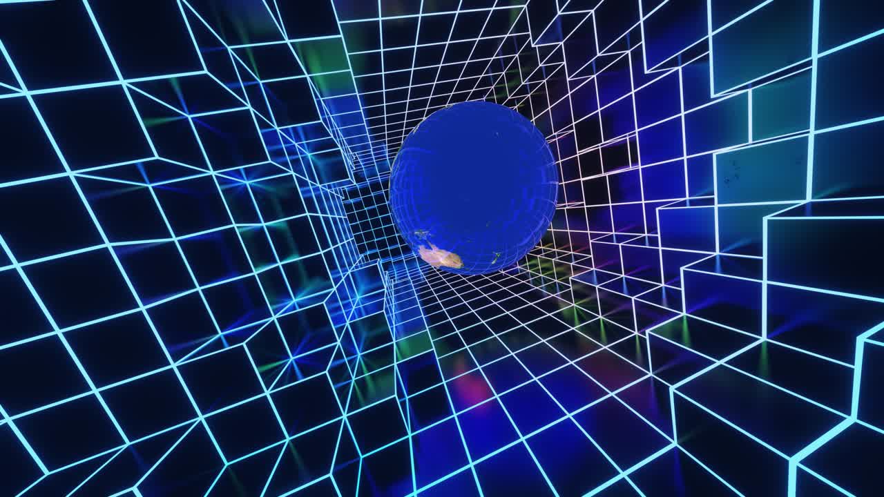 Flying planet earth through a tunnel sparkling with neon lines. VJ, Loop