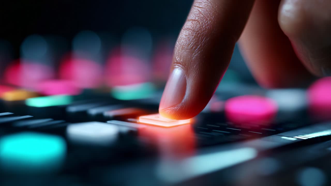 Exploring the Art of Sound: A Close-Up on a Music Mixing Console with a Fingertip Engaging the Controls, Capturing the Essence of Audio Production and Creativity