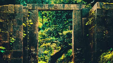 ancient stone door in the middle of a forest, surrounded by shrubs and plants