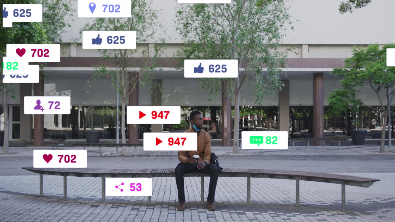 거리에서 벤치에 앉아 커피를 마시는 아프리카계 미국인 남성 위에 소셜 미디어 아이콘의 애니메이션