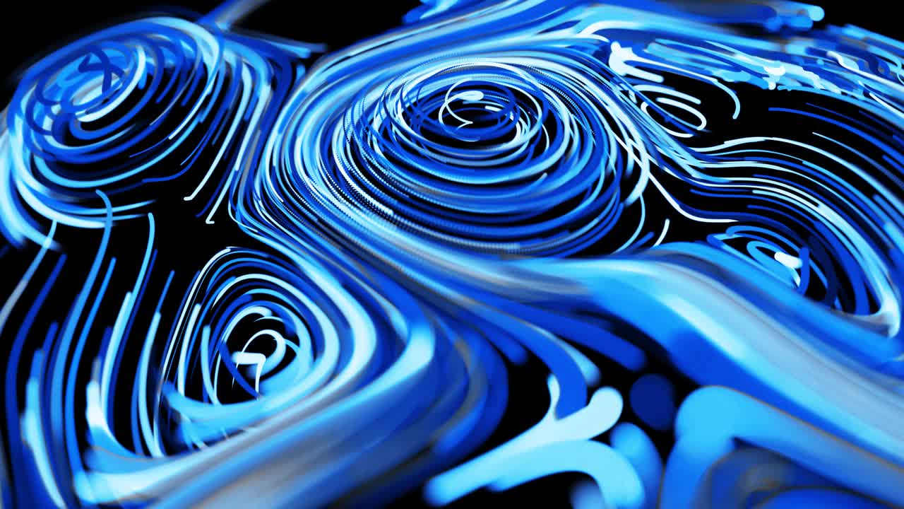Abstract 3d looped background with lines form swirling pattern like curle noise with light streaks. Flow of particles forms curled lines like blue glow trails. Beautiful swirls of lines as abstract bg
