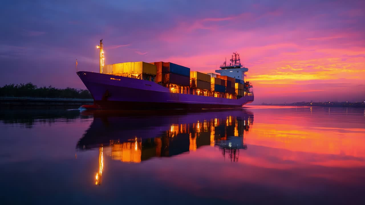 buque de carga al atardecer