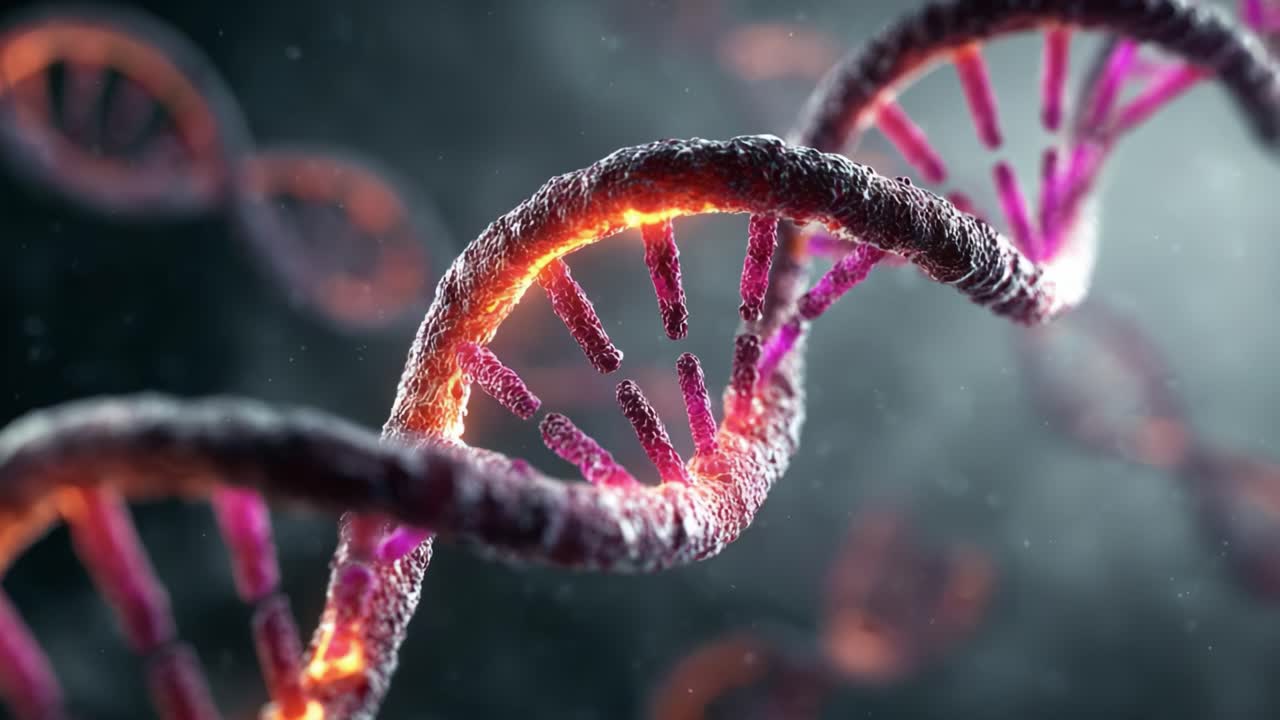 Un primo piano di una doppia elica del DNA con colori vivaci e dettagli intricati, che rappresenta la complessità delle informazioni genetiche e dei processi biologici in natura.