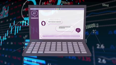 animación del procesamiento de datos ai, chat, estadísticas e iconos en la pantalla del portátil