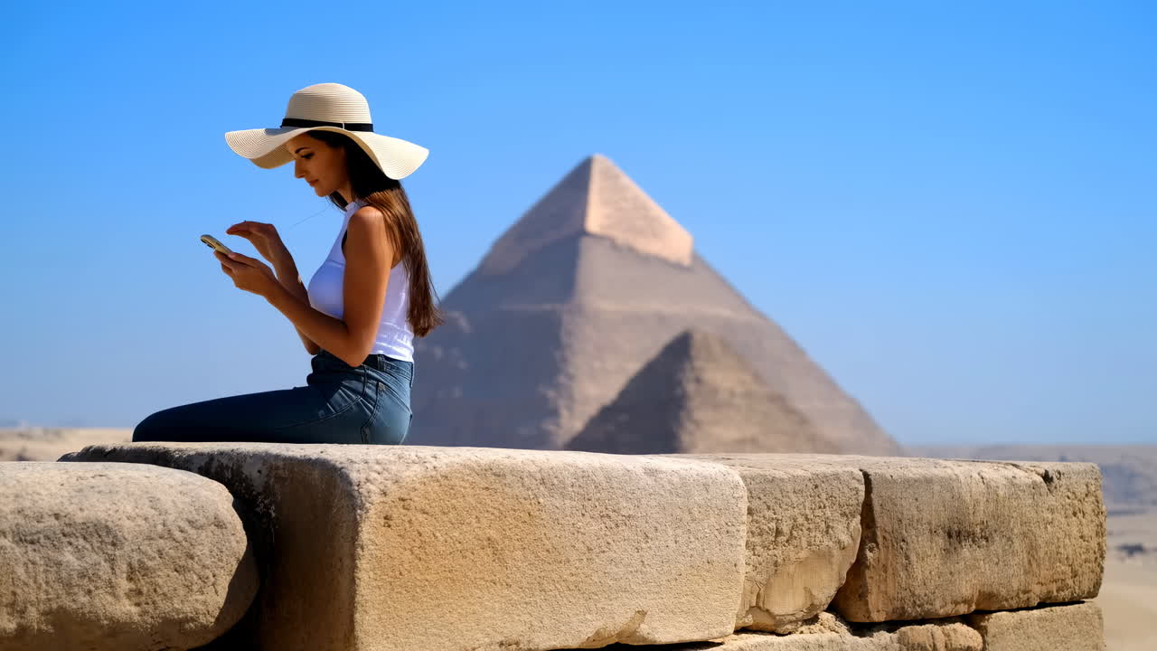 Giovane donna caucasica che scrive messaggi vicino a una piramide, seduta su un antico cornicione di pietra, con un cappello a tesa larga e abiti estivi