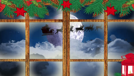 Animation-Einer-Winterlandschaft-Mit-Weihnachtsdekoration,-Gesehen-Durch-Ein-Fenster