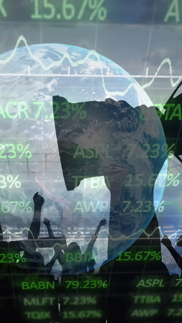 스포츠 경기장에서 트로피와 환호하는 팬들에 대한 데이터 처리와 함께 지구의 애니메이션