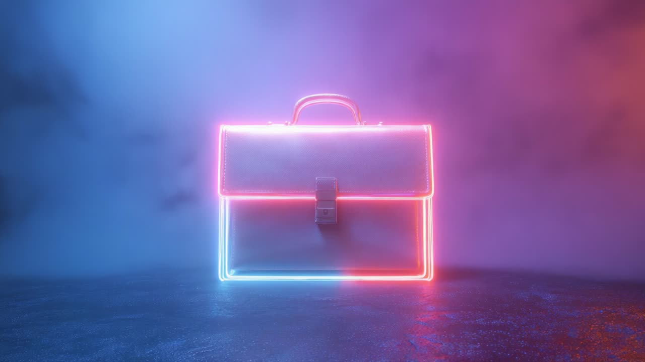 A Stunning Neon-Illuminated Briefcase Set Against a Mysterious Misty Background, Showcasing a Unique Blend of Modern Design and Classic Structure with a Playful Light Display in a Dimly Lit Atmosphere