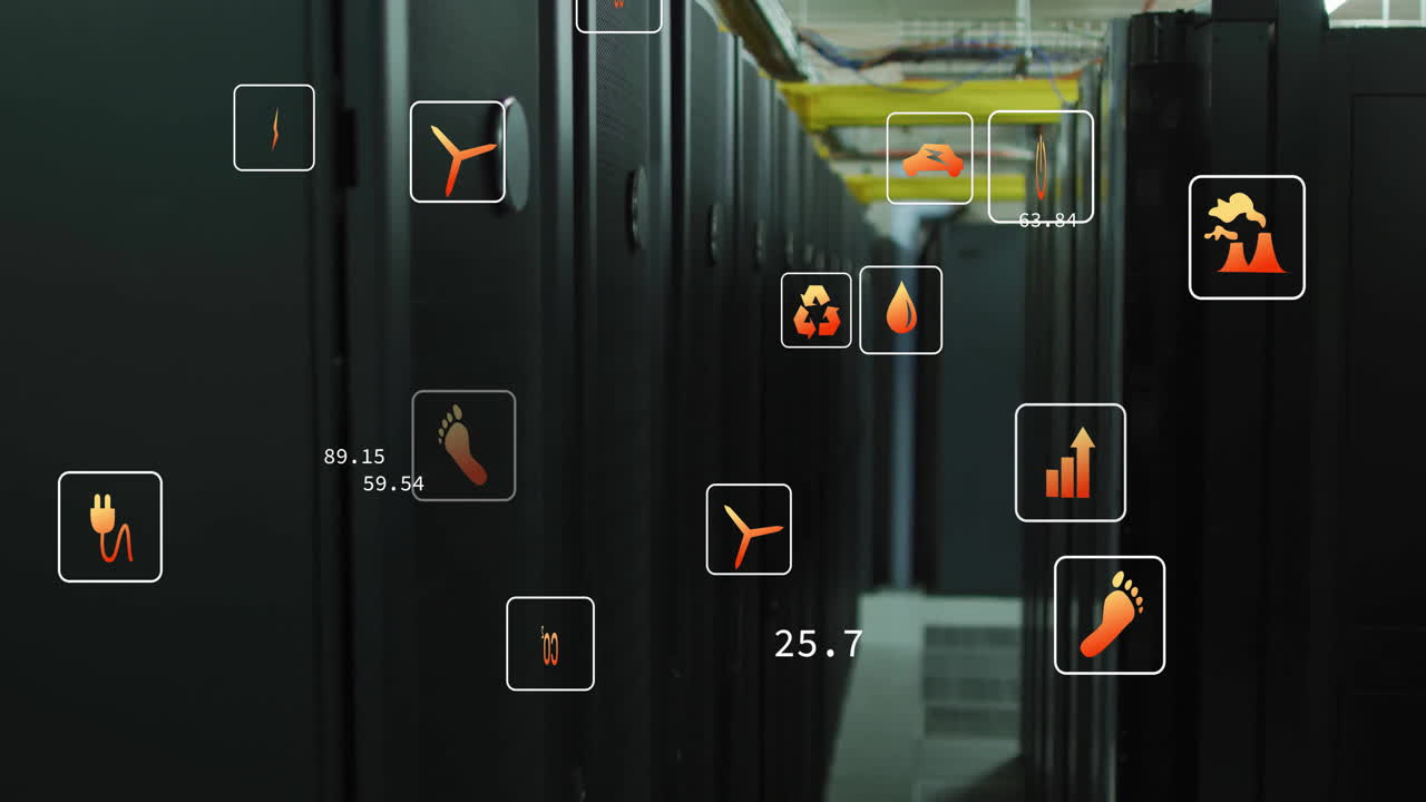 Animation of ecology icons and data processing over server room