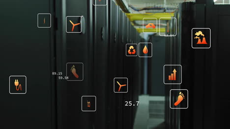 animación de iconos de ecología y procesamiento de datos en la sala del servidor