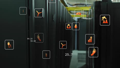 animation of ecology icons and data processing over server room