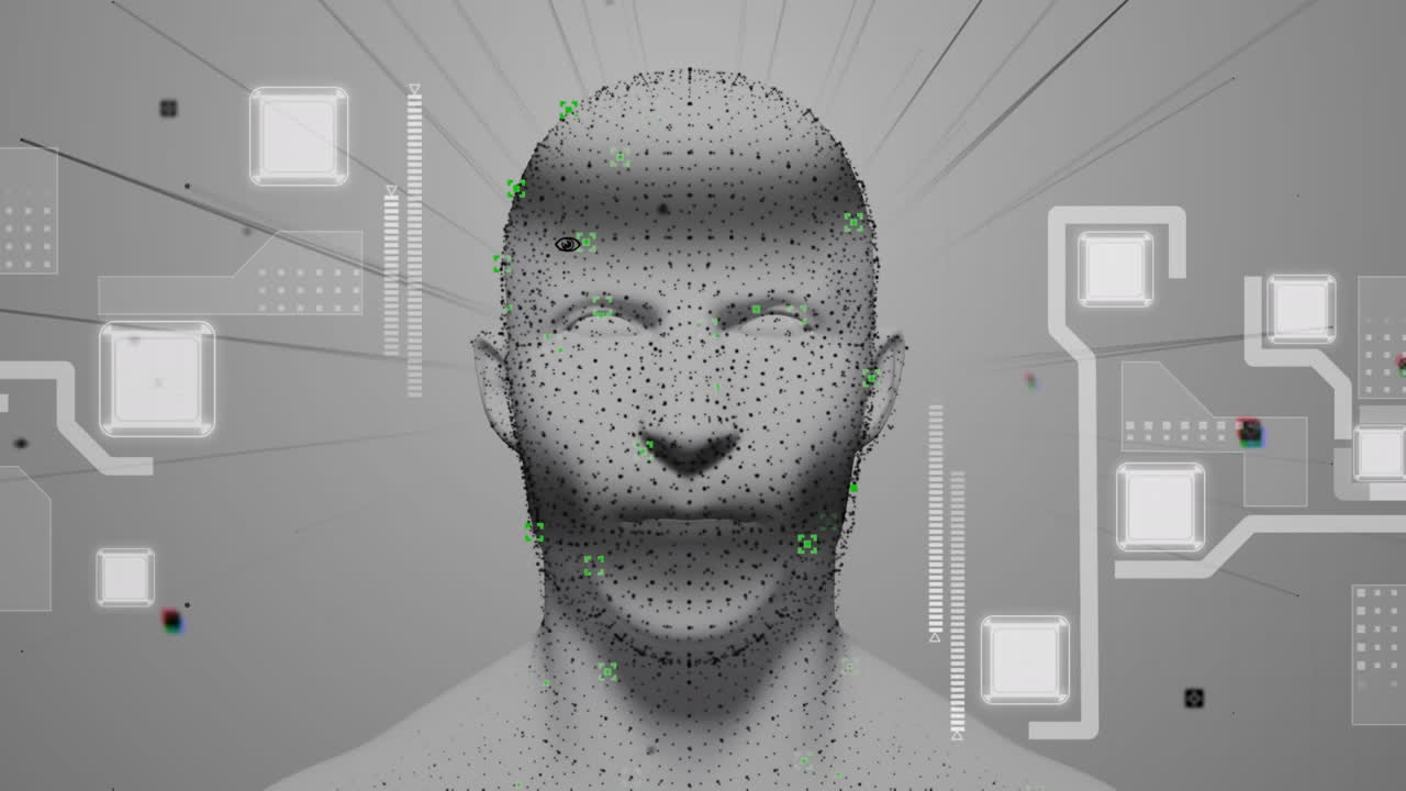 Animation of human head glowing with digital interface icons network