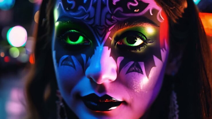 Primo piano di una donna con trucco spettrale di Halloween