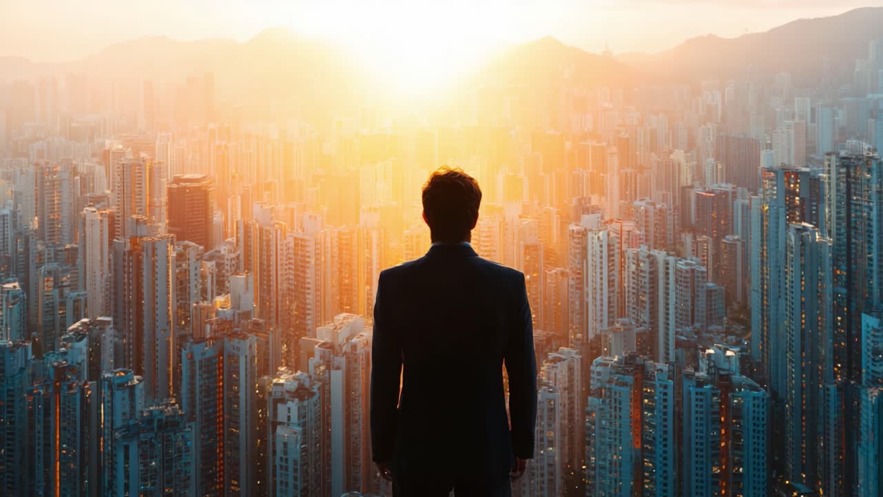 Une silhouette solitaire se tient devant un vaste paysage urbain, contemplant l'horizon tandis que le soleil se couche, projetant une lueur chaleureuse sur la ville imposante et éclairant ce moment de réflexion.