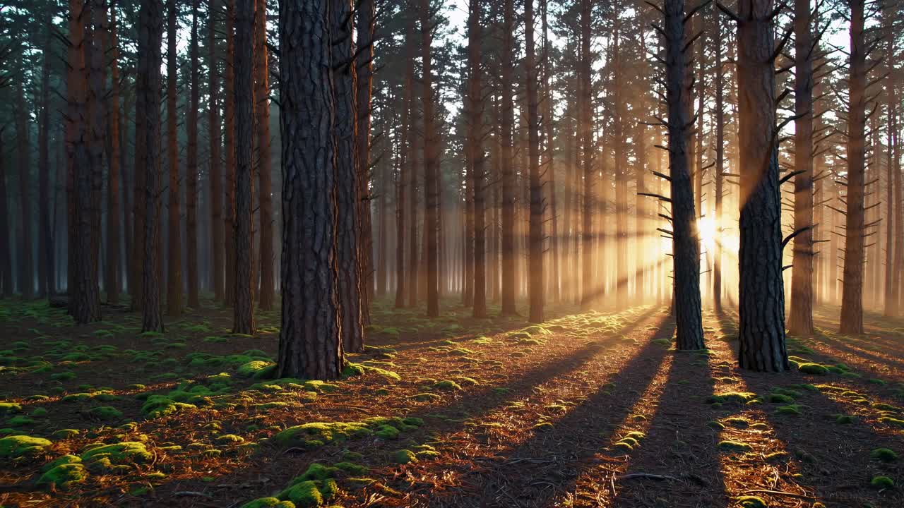 Sonnenlicht scheint bei Sonnenaufgang durch hohe Waldbäume und wirft lange Schatten