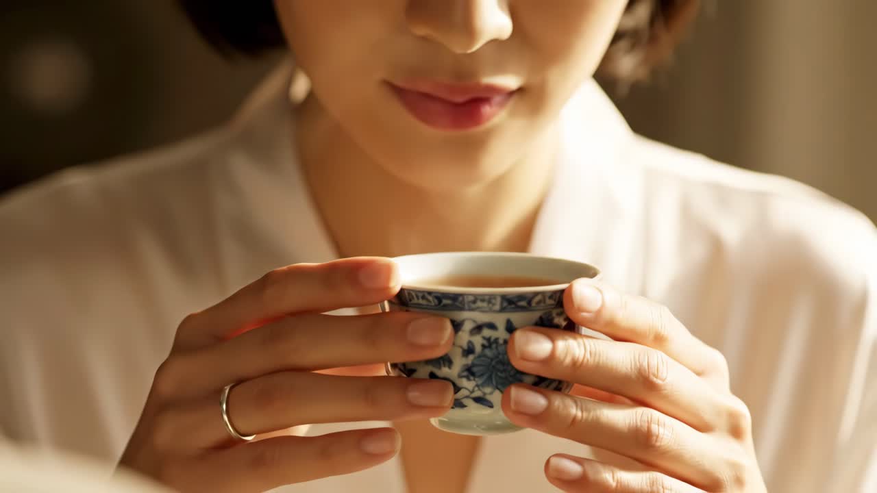 Woman drinking tea from a floral cup