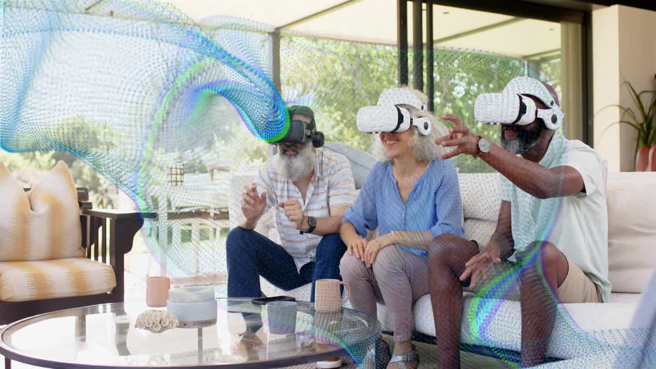 Trio on couch using VR, left man using dark unit initiating ribbon around group for entertainment