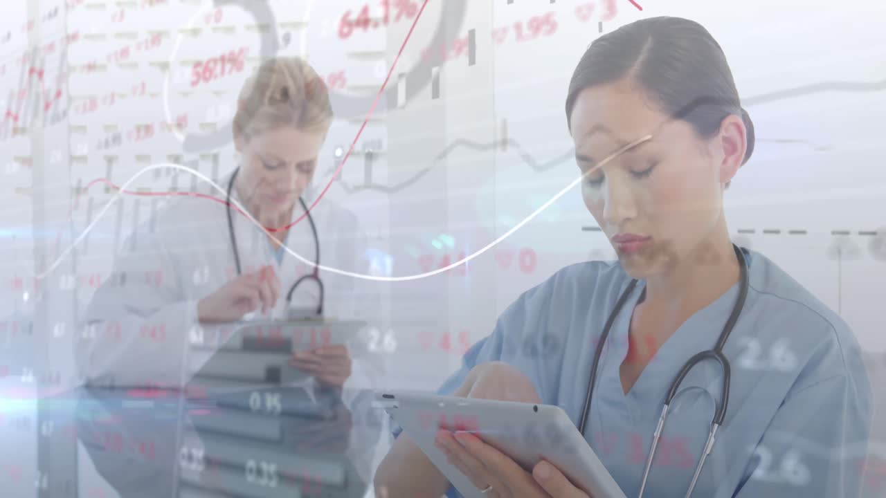 animación del procesamiento de datos financieros sobre diversas mujeres médicas