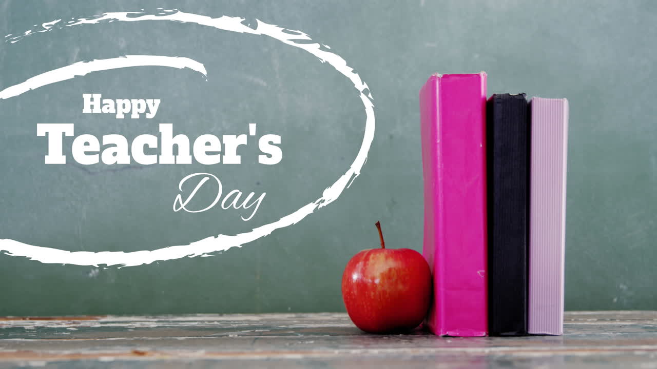 Animação de texto de feliz dia dos professores sobre livros e maçã