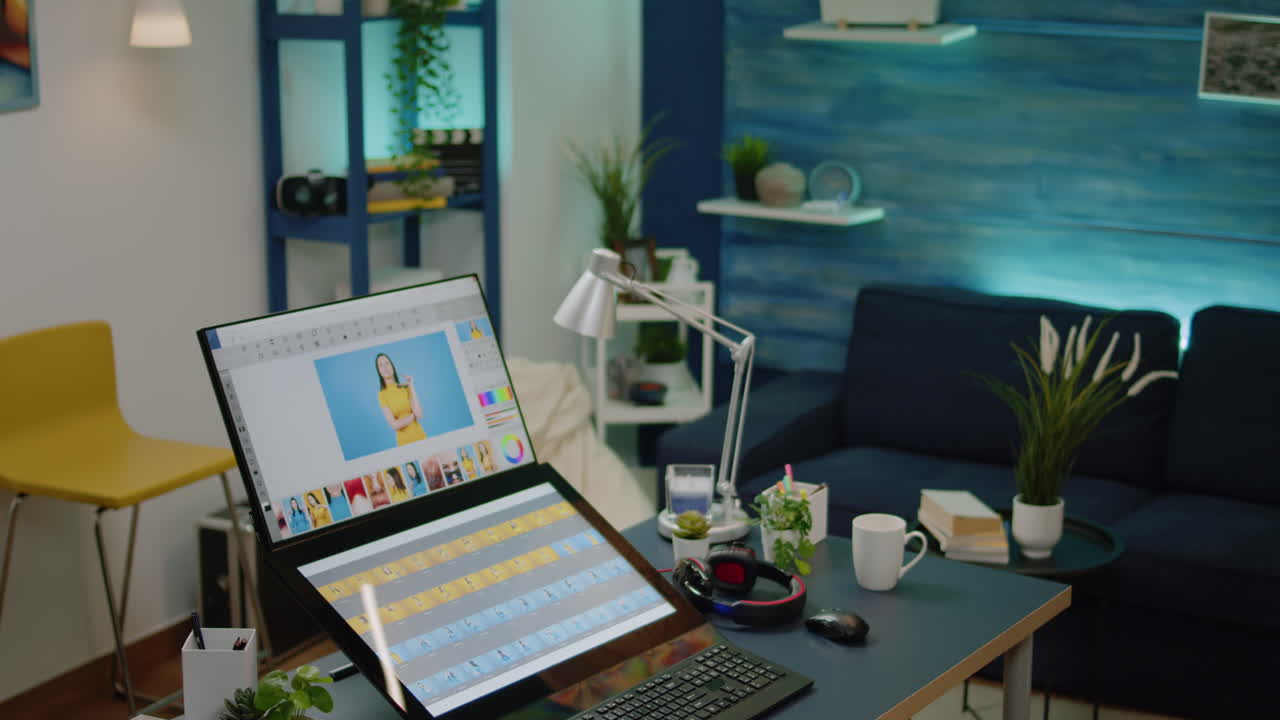 Nobody in editing studio with photo retouching equipment