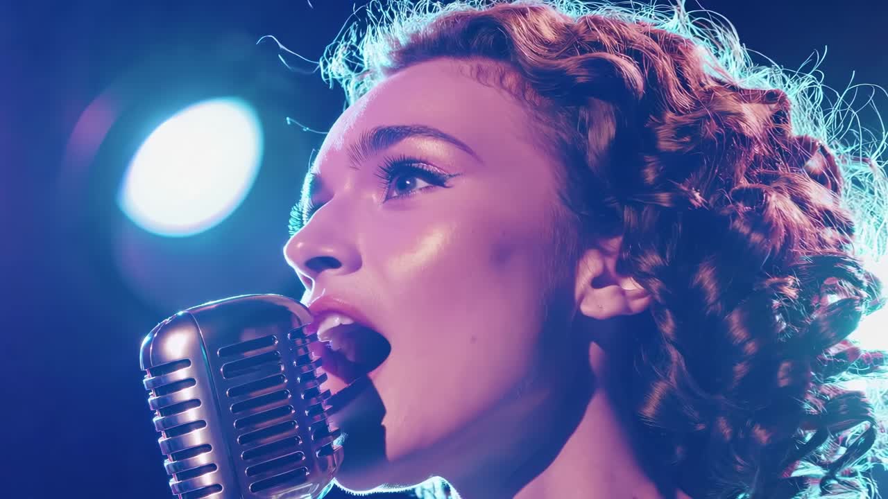 Young female singer performing on stage, illuminated by warm spotlights, passionately singing into a vintage microphone, captivating audience with her soulful voice