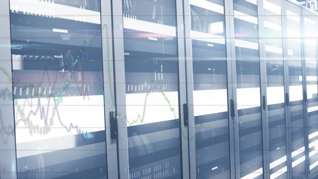Animation of data processing over tech room with computer servers