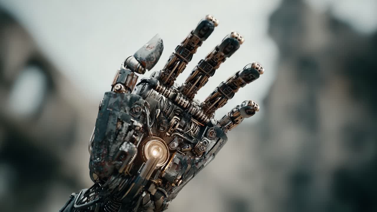 A Futuristic Mechanical Hand Transitioning from Open to Fist Position, Symbolizing Strength and Advancement in Robotic Technology Amidst an Urban Backdrop