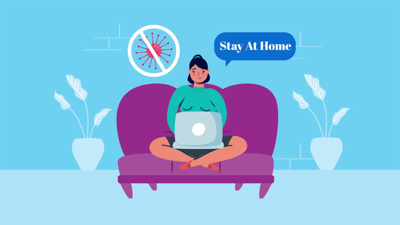 소파에서 노트북을 사용하는 여성, '스 코로나19: 집에 머물러라' 캠페인