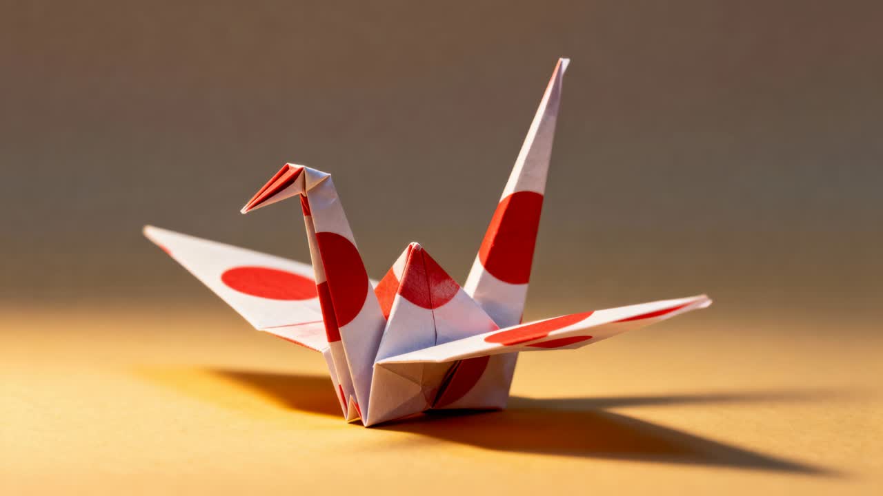 Allontanamento della camera che rivela un origami a forma di gru con macchie rosse su un tavolo caldo, proiettando un’ombra più lunga