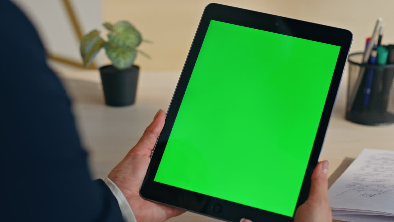 Director looking mockup computer waiting conference at coworking table closeup