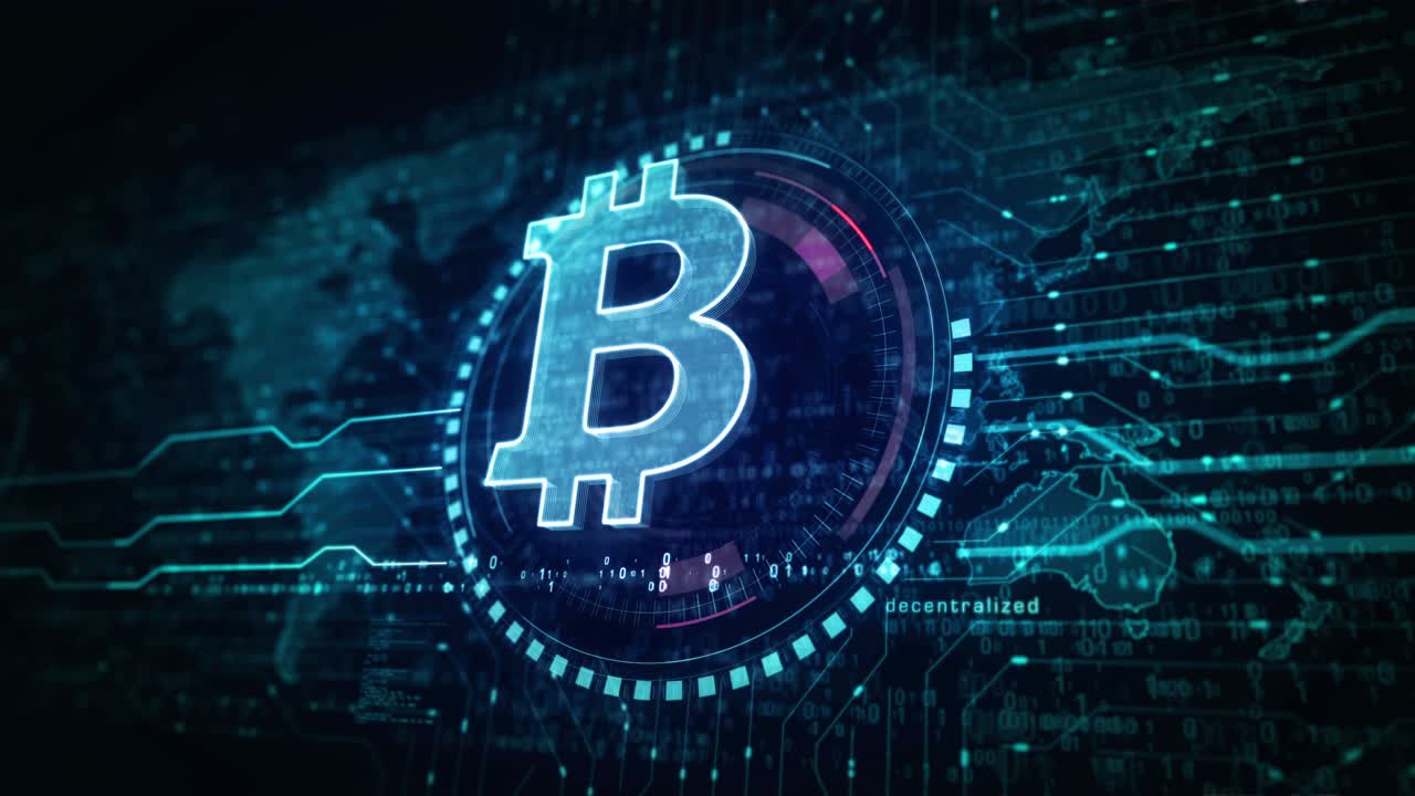 bitcoin es una moneda de criptomoneda de cadena de bloques, un bucle de símbolos y un concepto digital.