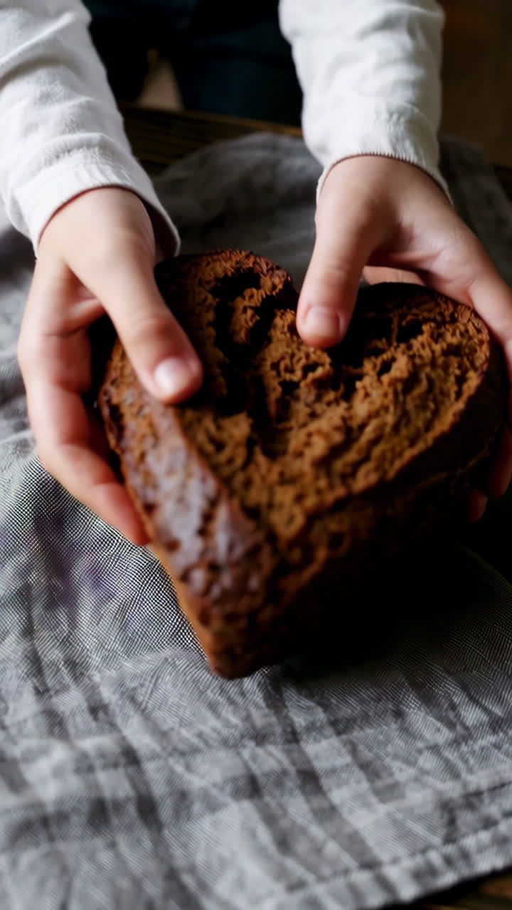 Person reaching for a slice of dark bread on a linen cloth