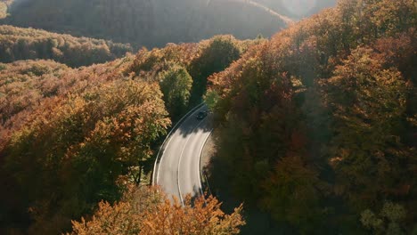 Schöne-Luftaufnahmen-Von-Autos,-Die-Auf-Einer-Malerischen-Straße-Fahren,-Die-Sich-In-Einem-Herbstfarbenen-Wald-Windet