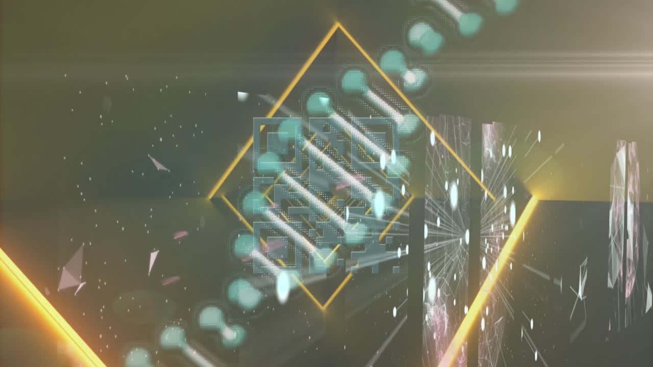 dna 가닥과 오렌지색 네온 불빛 위에 반 ⁇ 이는 qr 코드의 애니메이션