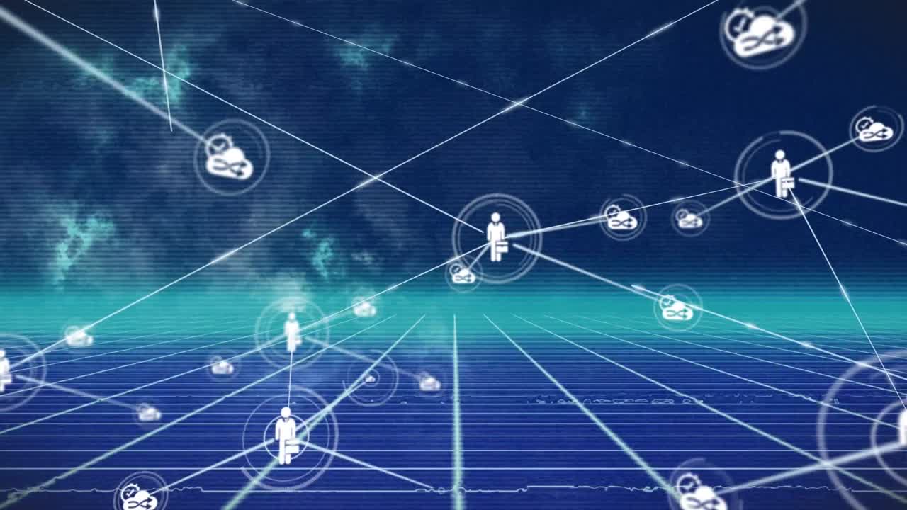 텍스처 파란색 배경에 대한 그리드 네트워크를 통해 디지털 아이콘 네트워크의 애니메이션