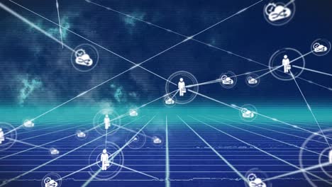 デジタルアイコンのネットワークをグリッドネットワーク上でテクスチャー付きの青い背景でアニメーション化する