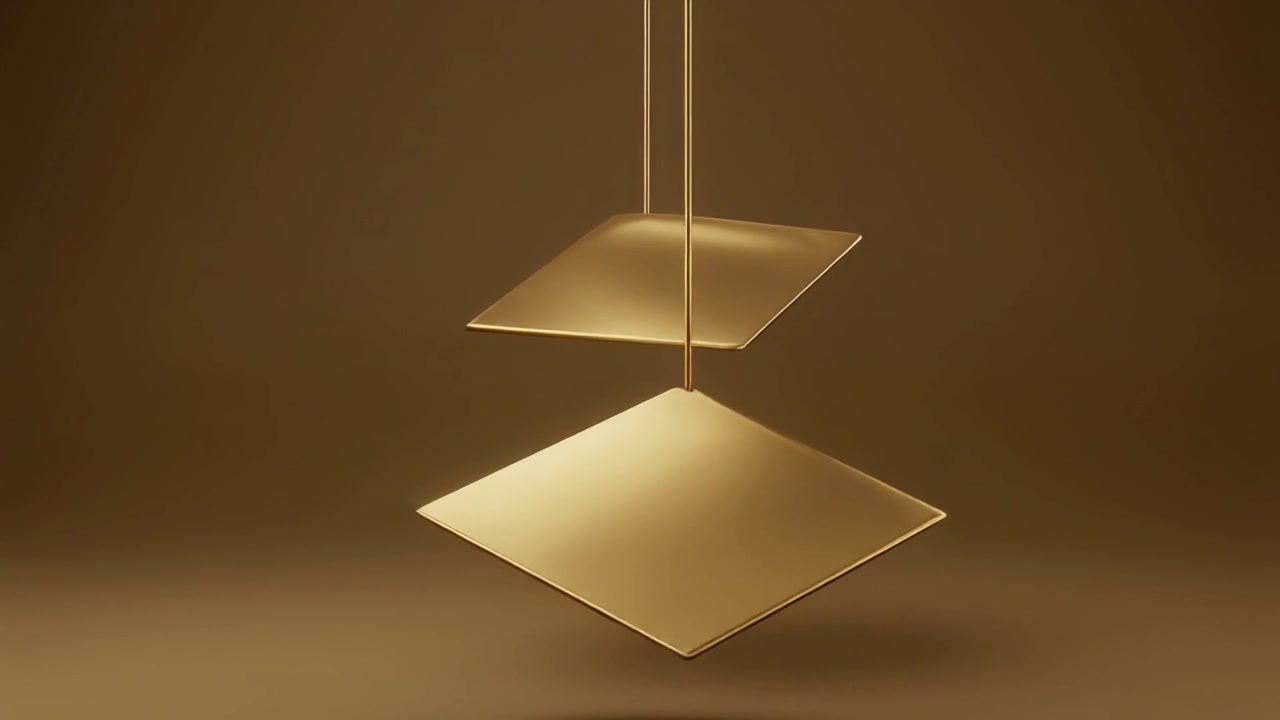 Two Golden Square Plates Rotating and Floating in Minimalist Space