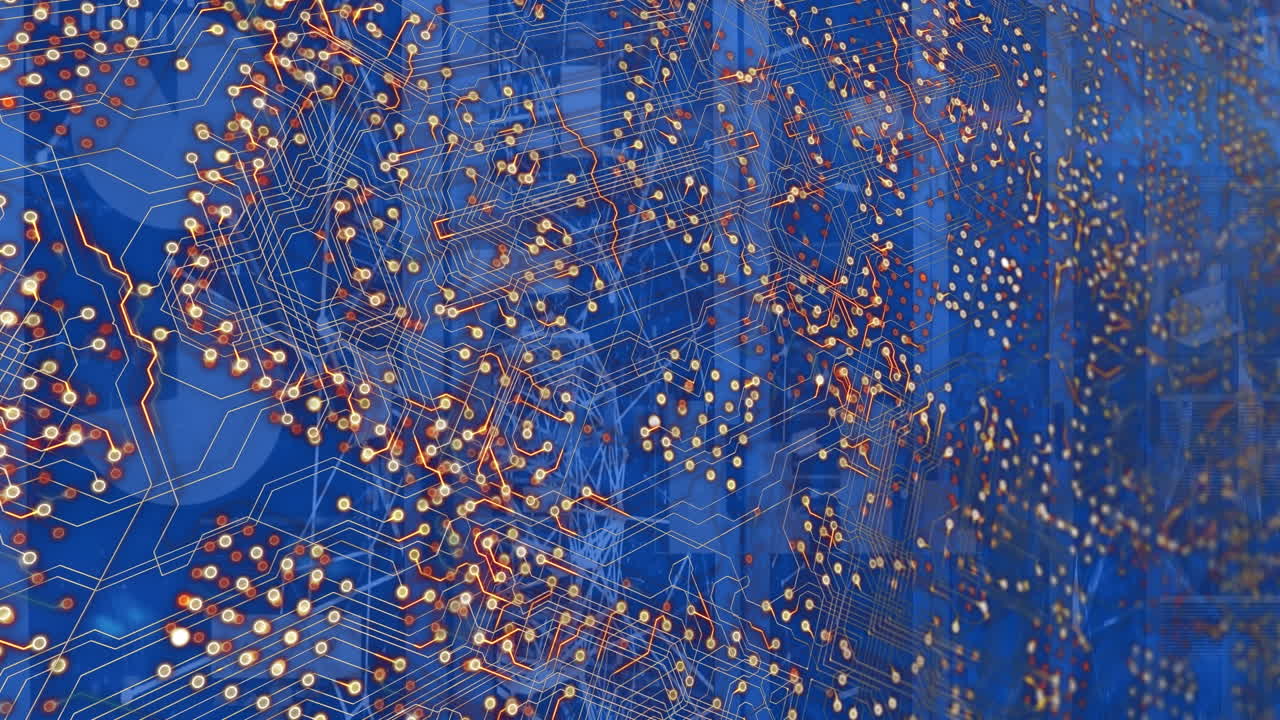 컴퓨터 회로판의 애니메이션과 서버 방에서 데이터 처리