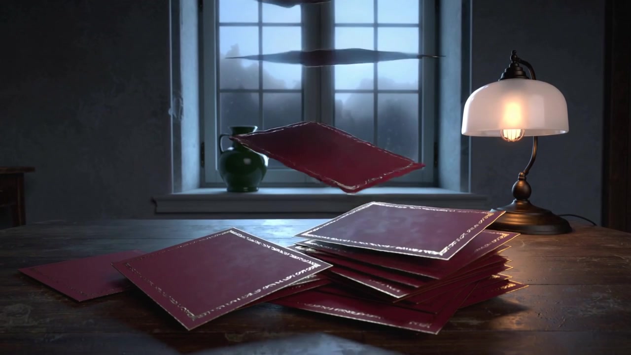 Breeze lifting stack of red cards with silver borders, drifting and stacking on worn wooden table