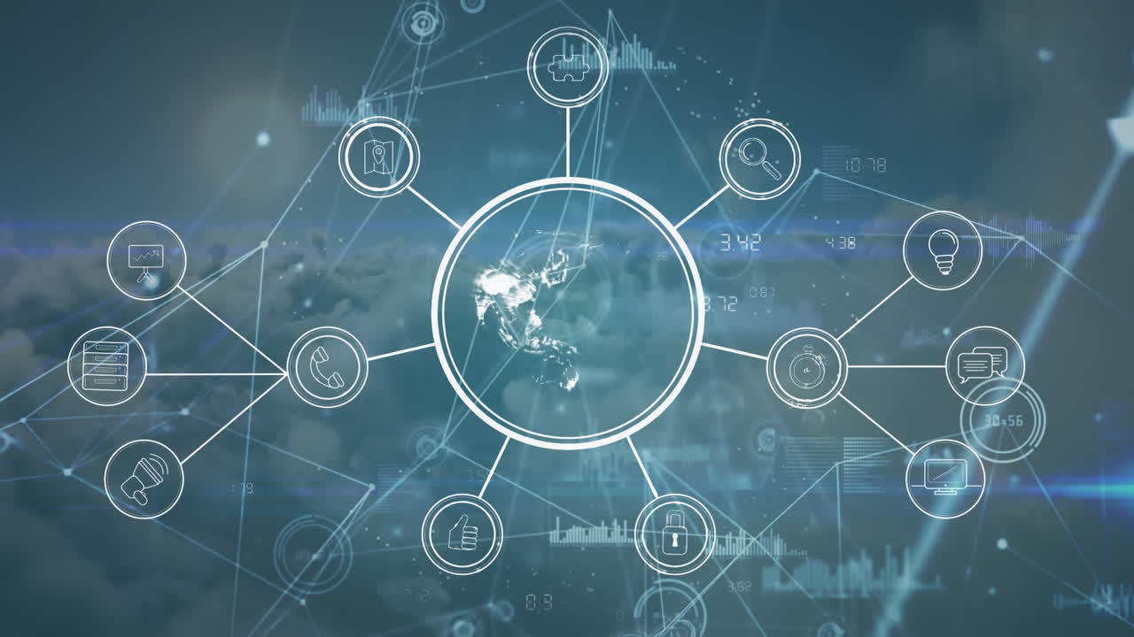 하늘의 구름에 대한 연결 아이콘의 네트워크와 함께 회전하는 지구의 디지털 애니메이션