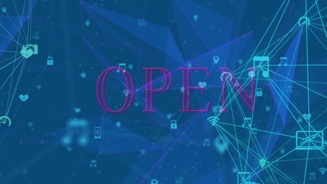animation of open text with statistics over network of connections and icons