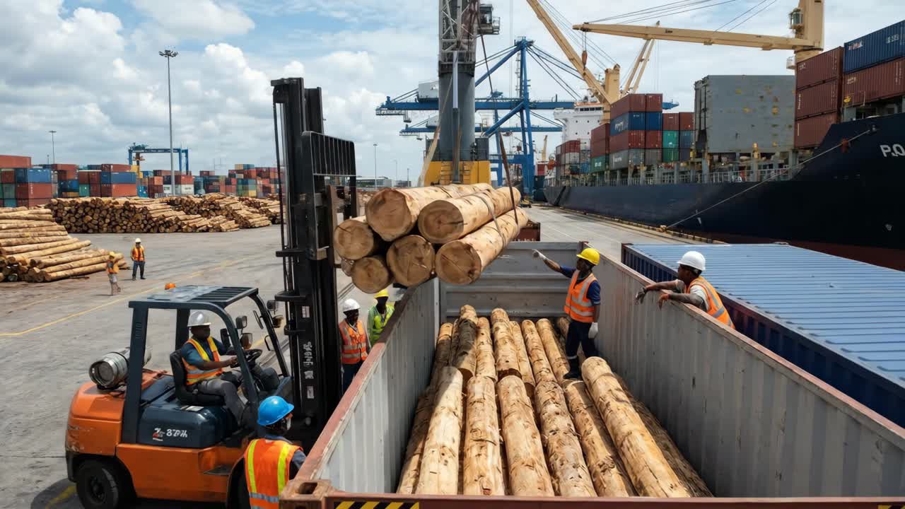 Workers Loading Logs into Shipping Container with Forklift at Port