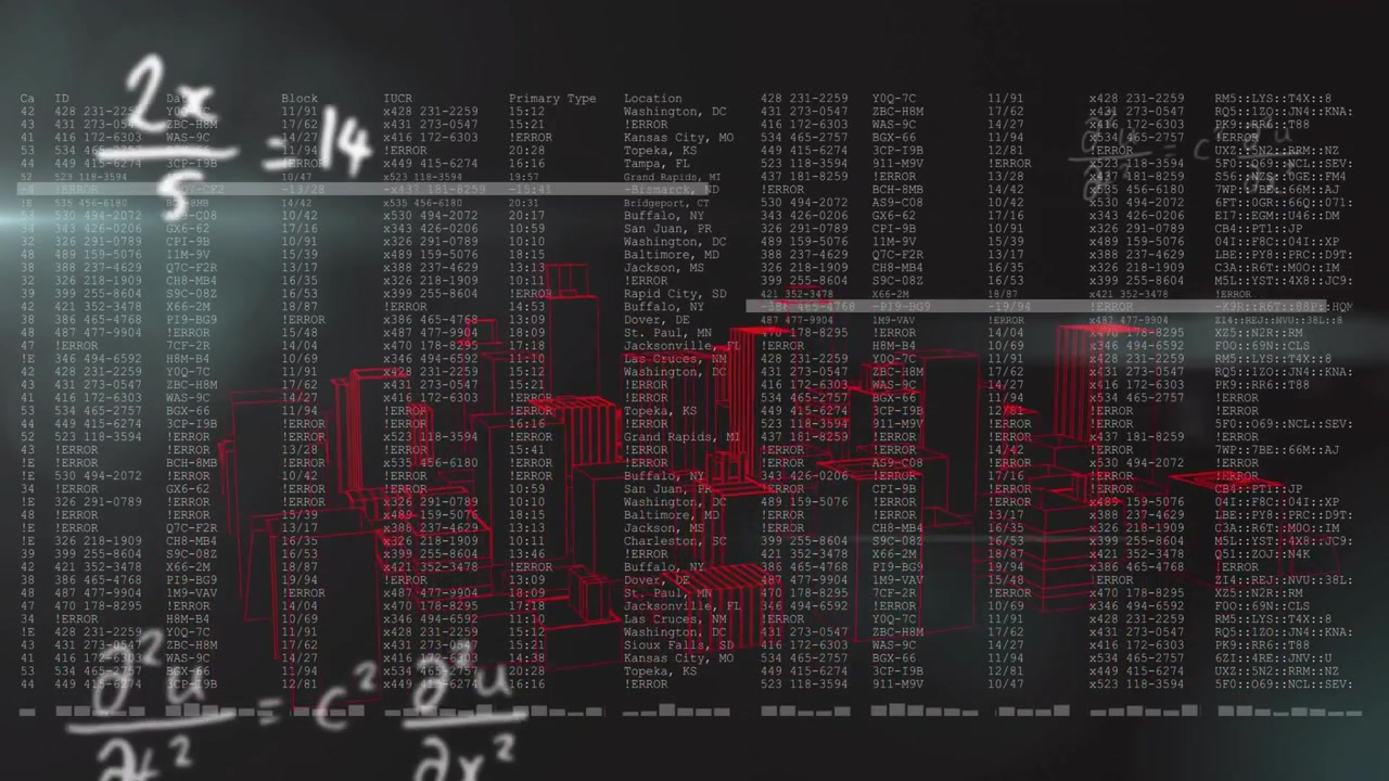 Datakolonner viser mønstre, mens en lysstribe fejer til højre, matematiske symboler driver, og røde markører pulserer.