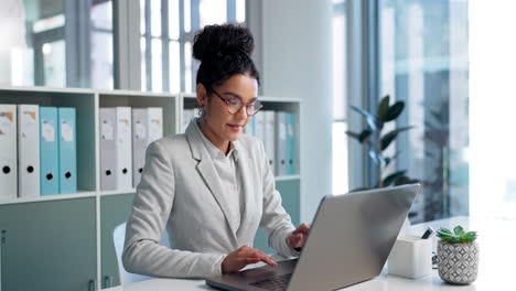 thinking, laptop and typing business woman