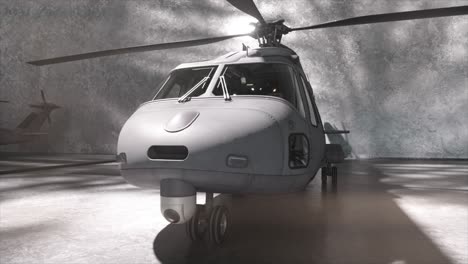 gray military helicopter in hangar